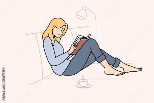 Happy woman sit on couch at home read book drink hot tea. Calm girl relax on sofa enjoy reading and coffee. Weekend relaxation. Vector illustration. 
