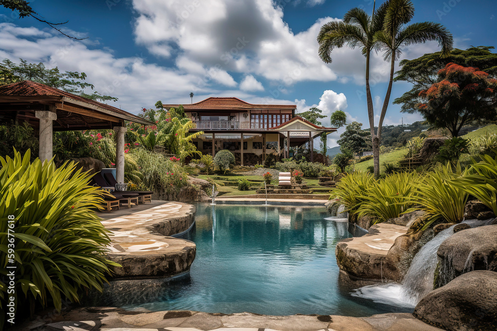 Generative AI illustration of luxury pool and green of colonial - style porch with sofas, tables and chairs made of natural wood Generative AI illustration of luxury pool and green of colonial - style porch with sofas, tables and chairs made of natural wood