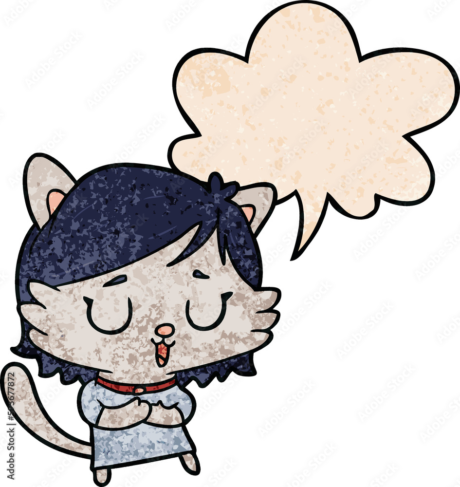 cartoon cat girl and speech bubble in retro texture style cartoon cat girl and speech bubble in retro texture style