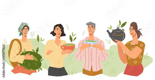 People drink and preparing tea flat vector illustration isolated on white background. Happy people with cup of hot green or matcha tea, harvesting and brewing tea leaves.