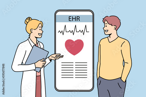 Doctor in medical uniform consult patient about EHR on cellphone screen. Female cardiologist have consultation with man about heart rate and cardiovascular disease. Vector. 
