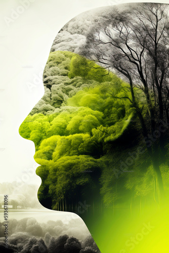 Generative AI illustration of Human head full of plants and trees to save the planet, environment thoughts © Eduardo Lopez