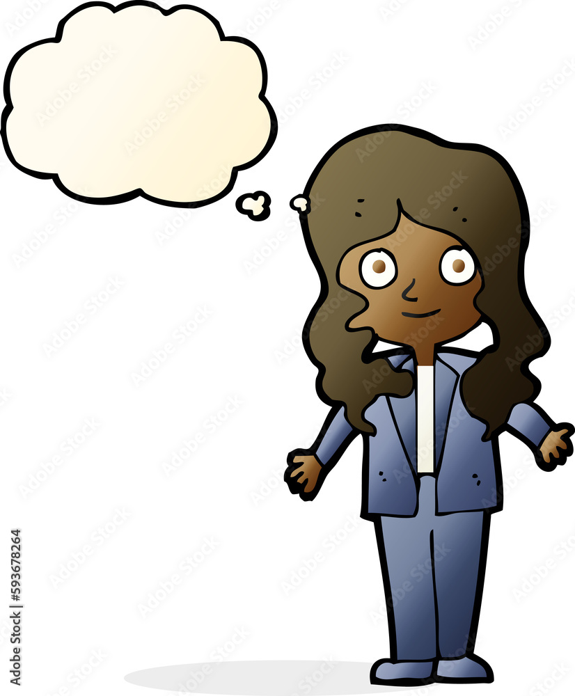 cartoon friendly business woman with thought bubble cartoon friendly business woman with thought bubble