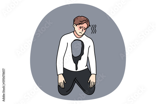 Unhappy man with hole in body feel depressed and broken. Sad upset guy feel stressed have mental or psychological problems. Depression and anxiety concept. Vector illustration.