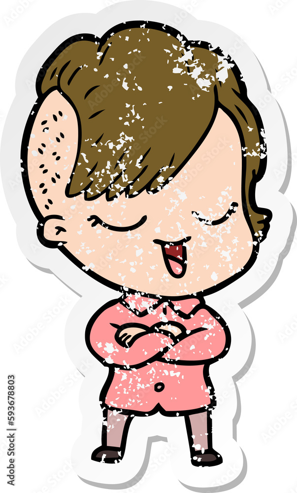distressed sticker of a happy cartoon girl distressed sticker of a happy cartoon girl