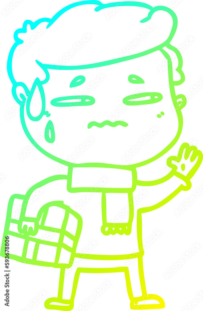 cold gradient line drawing cartoon anxious man with christmas gift cold gradient line drawing cartoon anxious man with christmas gift