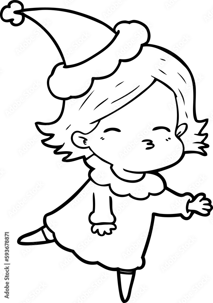line drawing of a woman wearing santa hat line drawing of a woman wearing santa hat