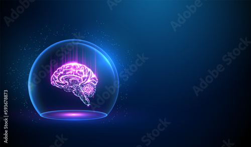 Abstract brain in blue glass dome. Neon sphere shield