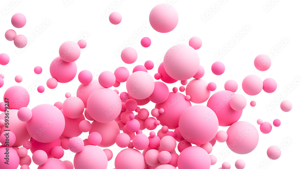 Pink matte soft chaotic balls in different sizes isolated on transparent background. Abstract composition with pink random flying spheres. PNG file