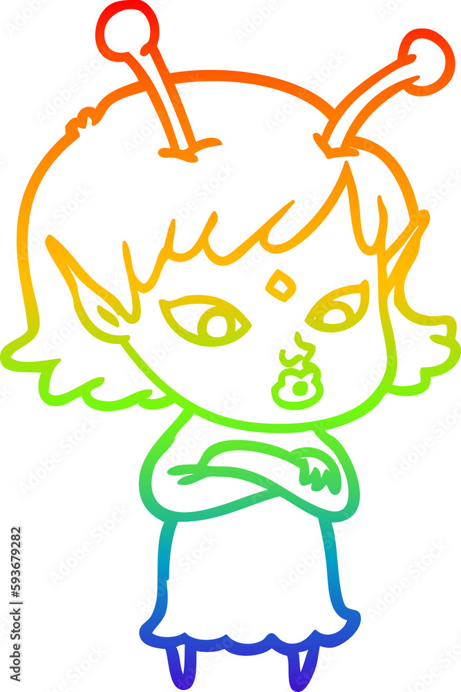 Obraz premium rainbow gradient line drawing pretty cartoon alien girl