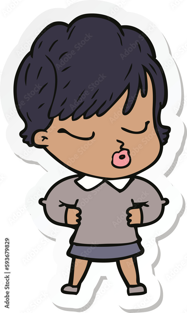 sticker of a cartoon woman with eyes shut sticker of a cartoon woman with eyes shut