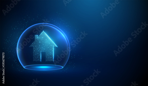 Abstract house icon in blue glass dome.