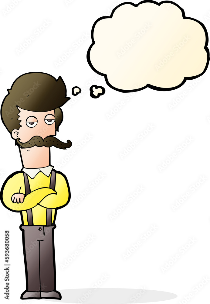 cartoon man with mustache with thought bubble