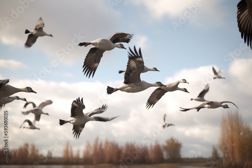A detailed illustration of a group of birds in flight, such as geese or pelicans, Generative AI