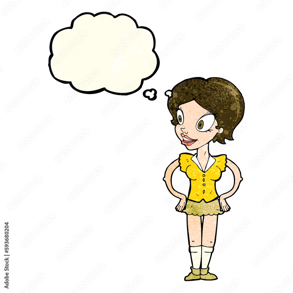 cartoon happy woman in short skirt with thought bubble cartoon happy woman in short skirt with thought bubble