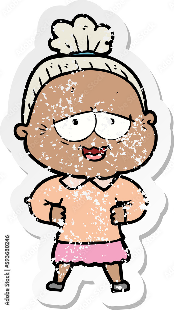 distressed sticker of a cartoon happy old lady distressed sticker of a cartoon happy old lady