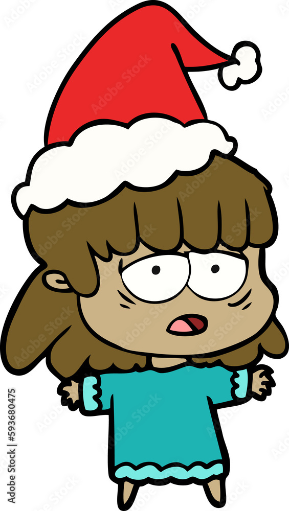 line drawing of a tired woman wearing santa hat line drawing of a tired woman wearing santa hat