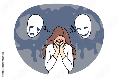 Sad woman feel depressed suffer from mental or psychological bipolar disorder. Unhappy girl struggle with schizophrenia or emotional psychiatric problems need treatment. Vector illustration.