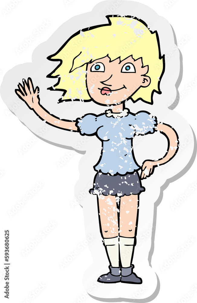 retro distressed sticker of a cartoon woman waving retro distressed sticker of a cartoon woman waving