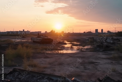 Warfield with destroyed city and a tank during sunset and sky with cloudscape landscape