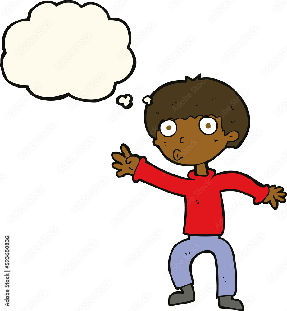 cartoon boy waving warning with thought bubble cartoon boy waving warning with thought bubble