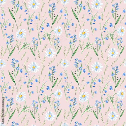 Seamless watercolor pattern with wildflowers bluebell, forget-me-not, camomile on pink background. Can be used for fabric prints, gift wrapping paper, kitchen textile.