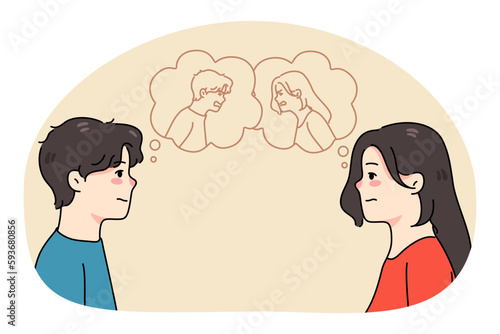 Man and woman hidden emotions in speech bubbles. Unhappy couple lovers have relationships problems. Spouses suffer from relations trouble. Divorce or breakup. Vector illustration.