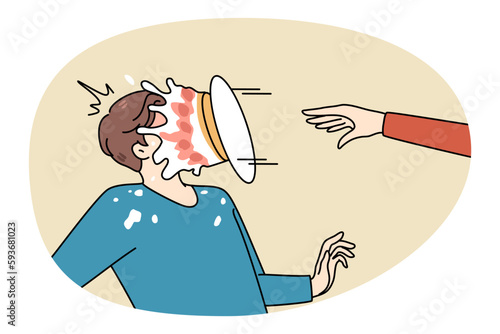 Person throw pie in man face make fun of friend or colleague. Greeting or congratulation with happy birthday prank or joke. Laughter and smile concept. Flat vector illustration.