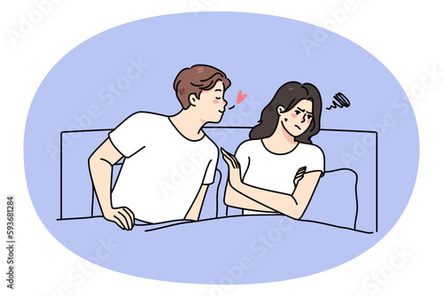 Loving man lying in bed with ignorant woman show affection and care. Young couple relationships problem concept. Husband and wife have relations troubles. Breakup or divorce. Vector illustration.