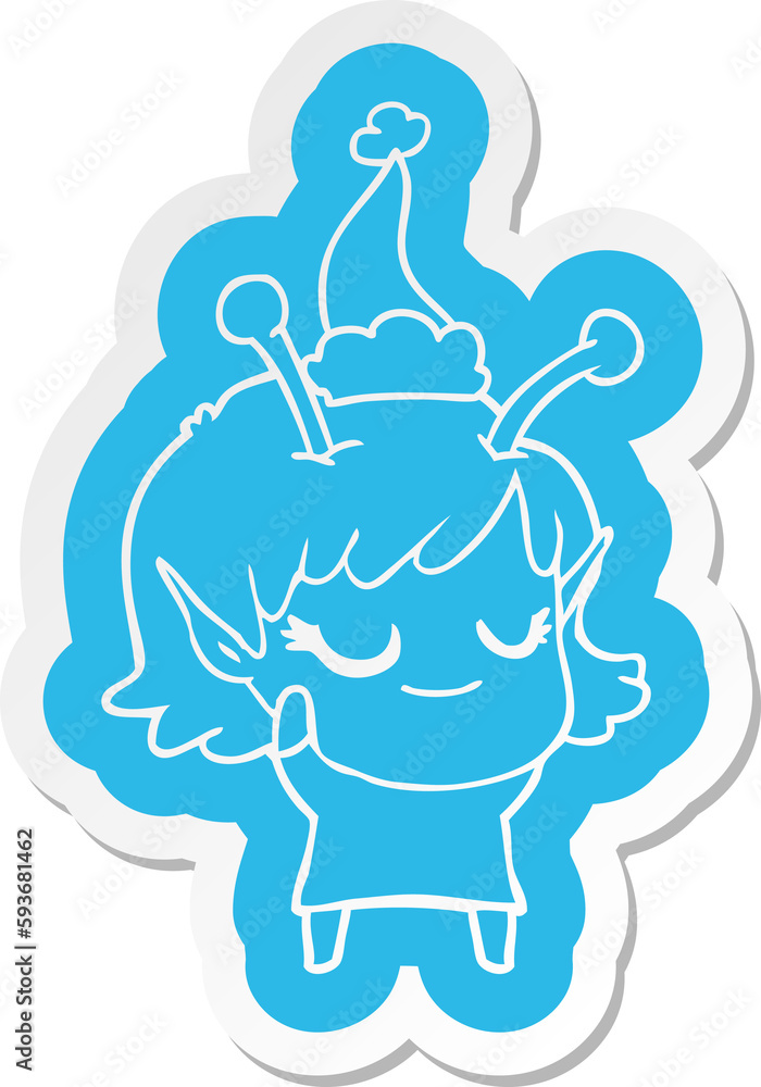 smiling alien girl cartoon  sticker of a wearing santa hat
