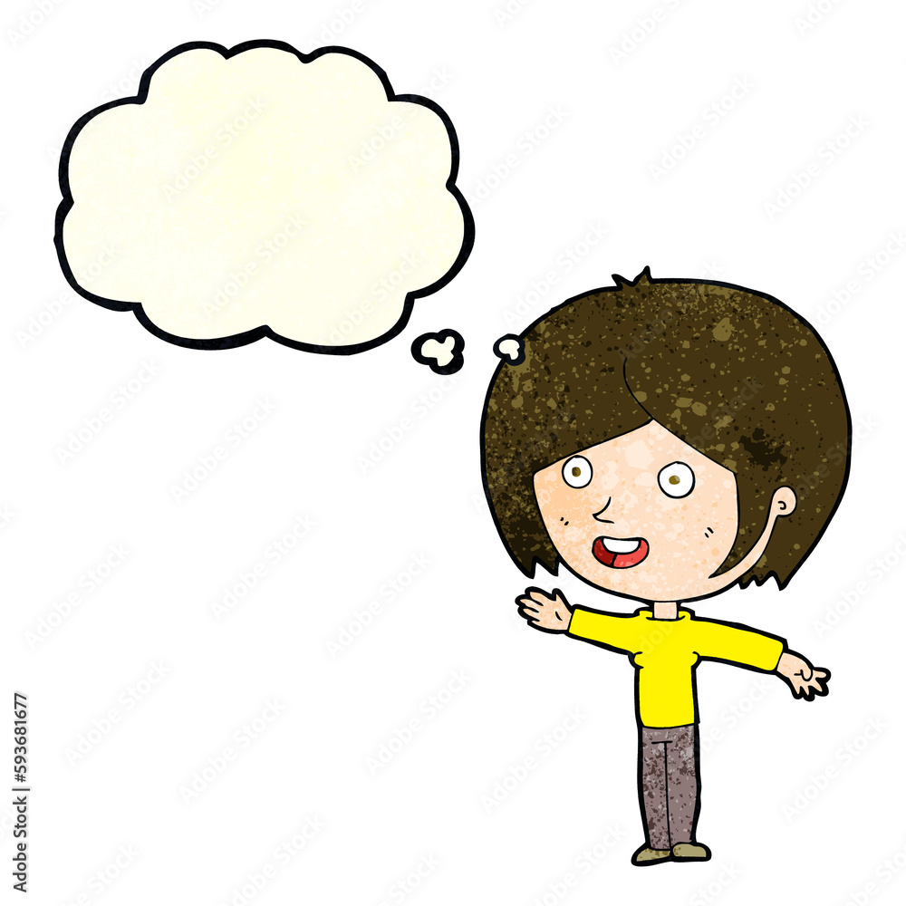 cartoon happy girl waving with thought bubble cartoon happy girl waving with thought bubble