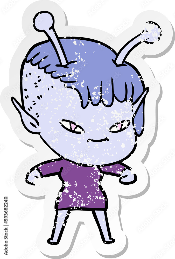 distressed sticker of a cute cartoon alien girl distressed sticker of a cute cartoon alien girl