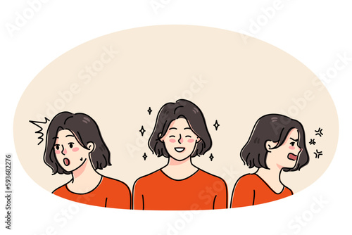 Young woman have different emotions have emotional disorder. Girl feeling angry and happy suffer from bipolar disorder or schizophrenia. Healthcare and medicine. Vector illustration. 