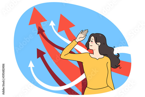 Happy woman look up in bright future dream of good career or life opportunities. Smiling girl hope for best choice or option, imagine goal achievement or accomplishment. Vector illustration.