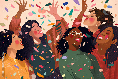 Group of diverse women celebrating in confetti, Generative AI