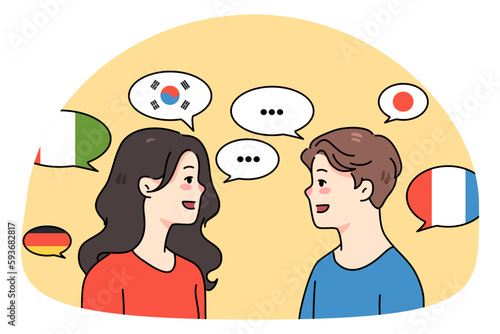 Diverse people talk in different languages. Smiling multiethnic man and woman speak communicate. Multicultural friends communication concept. Learning and education. Vector illustration.