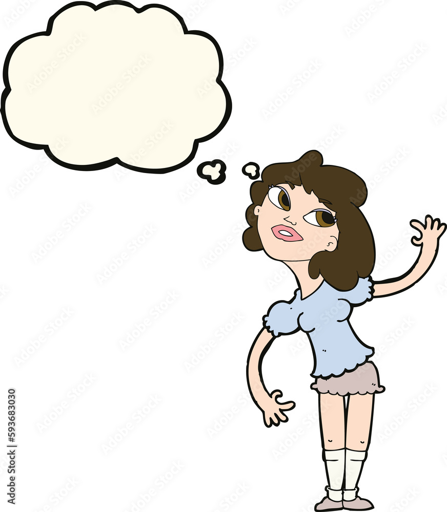 cartoon woman waving with thought bubble cartoon woman waving with thought bubble