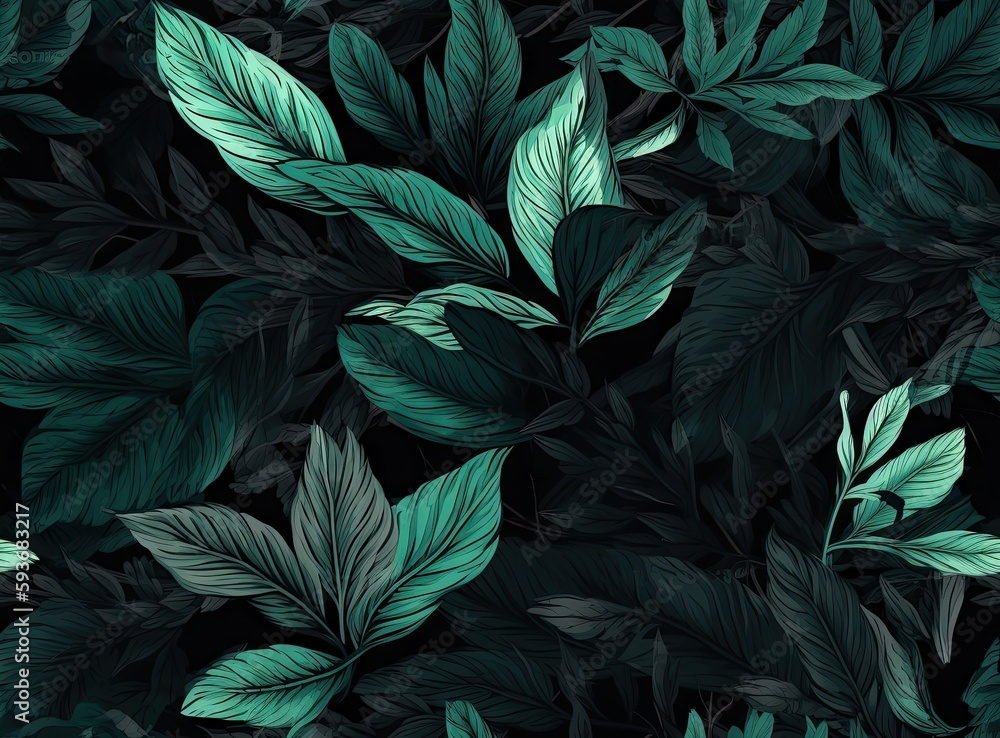 Tropical floral leaves seamless pattern green color on a black jungle ...