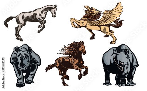 Graphical set of Chinese dragon with wings and horse body, horses and rhinos isolated on white background,vector color illustration ,tattoo and printing design