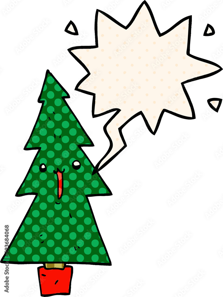 cartoon christmas tree and speech bubble in comic book style