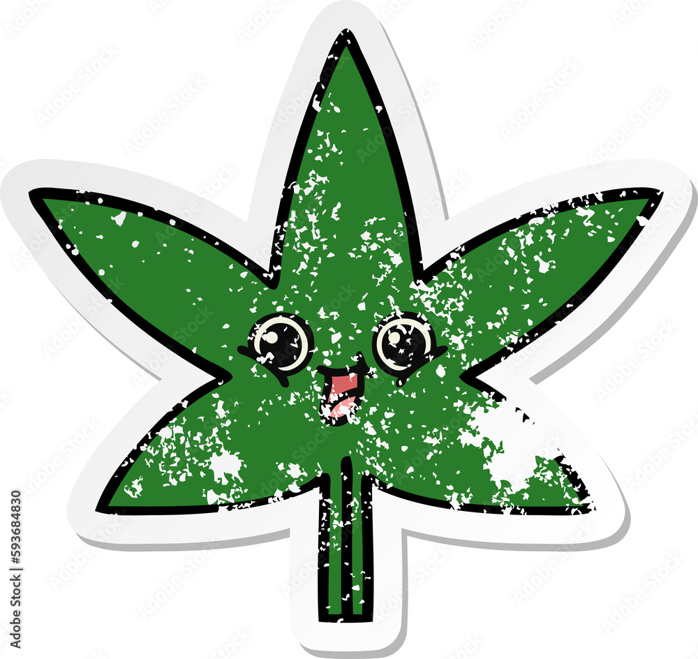 distressed sticker of a cute cartoon marijuana leaf distressed sticker of a cute cartoon marijuana leaf