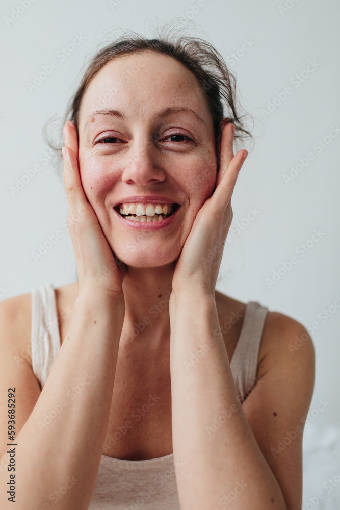 Happy woman skincare portrait white background Happy woman skincare portrait white background