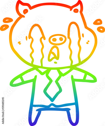 rainbow gradient line drawing crying pig cartoon wearing human clothes