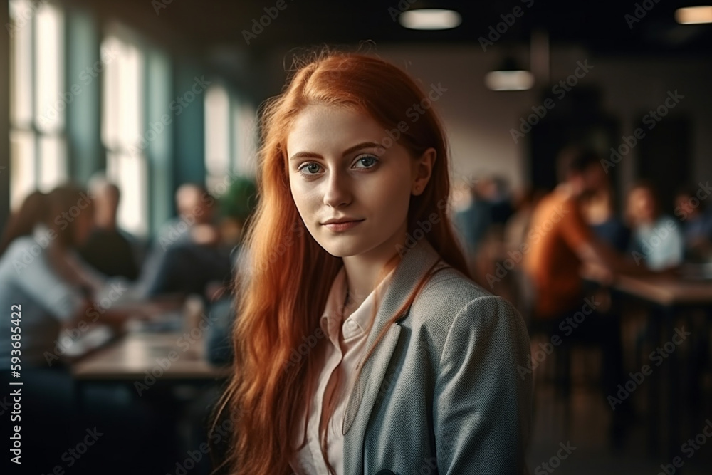 red-haired woman in a large lounge, elegant suit, young adult woman or teenager. Generative AI red-haired woman in a large lounge, elegant suit, young adult woman or teenager. Generative AI