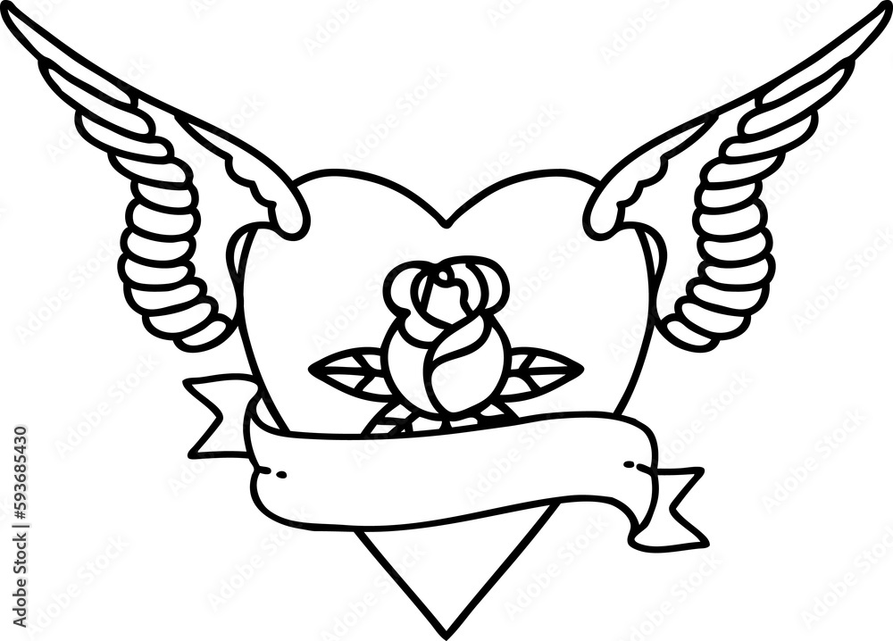 Fototapeta premium black line tattoo of a heart with wings a rose and banner