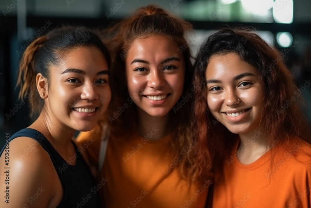 Fototapeta premium three female friends, young woman or teenager in row, happy joyful smile, fitness or gym or yoga, sports together in group. Generative AI