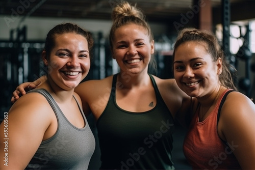 three female friends  young woman or teenager in row  happy joyful smile  fitness or gym or yoga  sports together in group. Generative AI