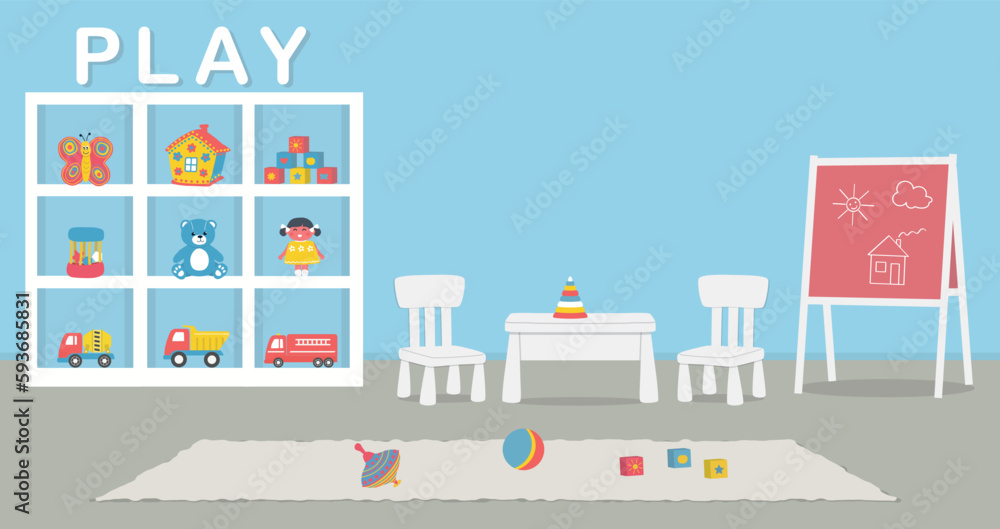 Playroom interior. Kids' room in blue color. Cabinet with toys, blackboard, table, two chairs in the picture. Vector illustration