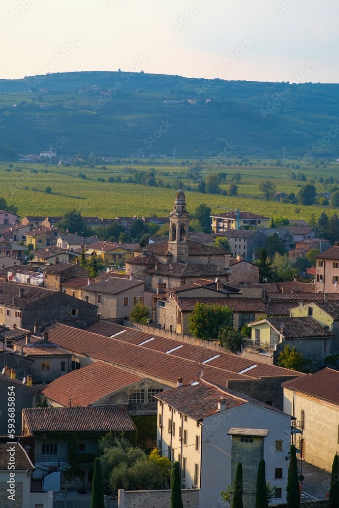 Obraz premium Vertical of the houses of the old historical city of Soave in Italy with mountains in the background