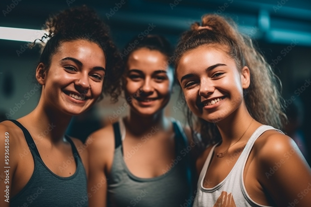 three female friends, young woman or teenager in row, happy joyful smile, fitness or gym or yoga, sports together in group. Generative AI